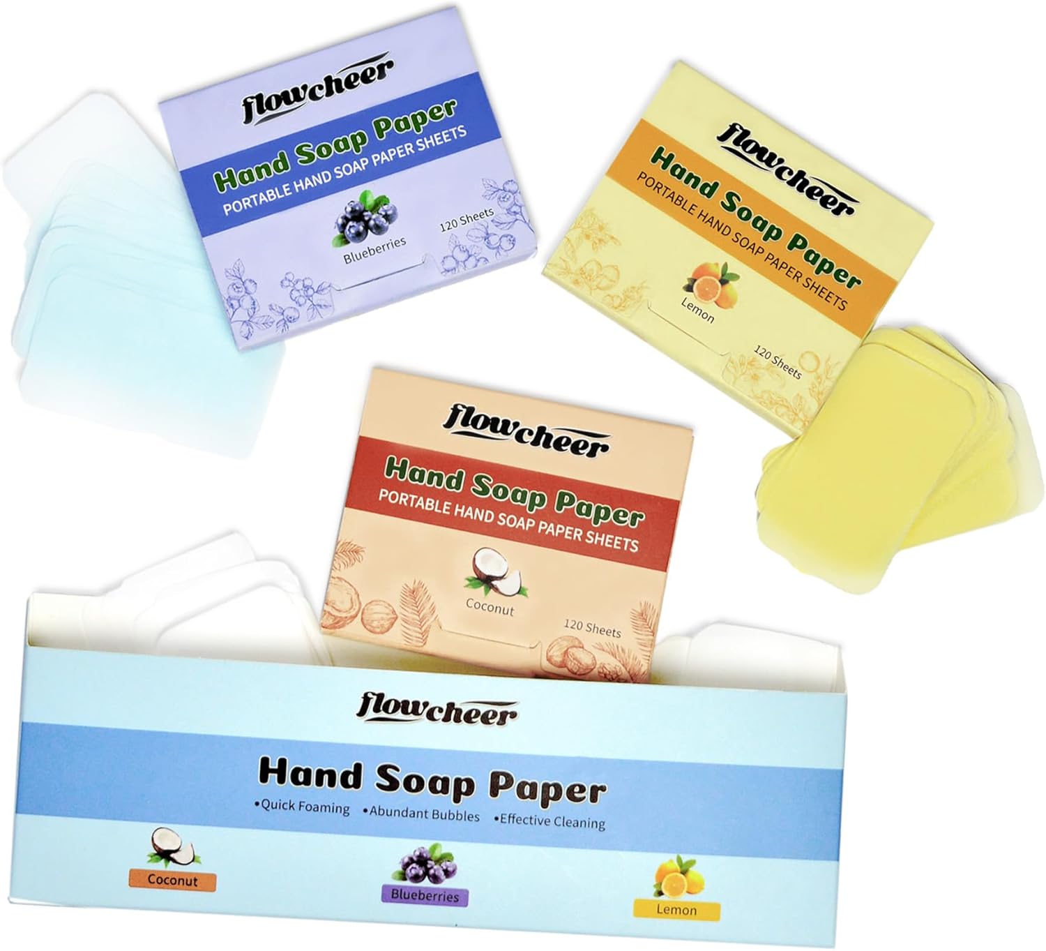 flowcheer Paper Soap Sheets (360 Pcs) - Lemon, Coconut, Blueberry Scents, Portable Travel Soap Sheets, Eco Dissolvable for Camping, Travel, Hiking, Outdoor & On-the-Go Hand Washing - Image 2