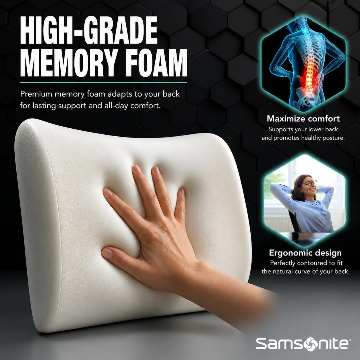 Samsonite Lumbar Support Pillow for Office Chair, Lower Back Support for Car, Back Pillow Desk Chair Cushion with Memory Foam, Improved Posture Backrest - Image 5